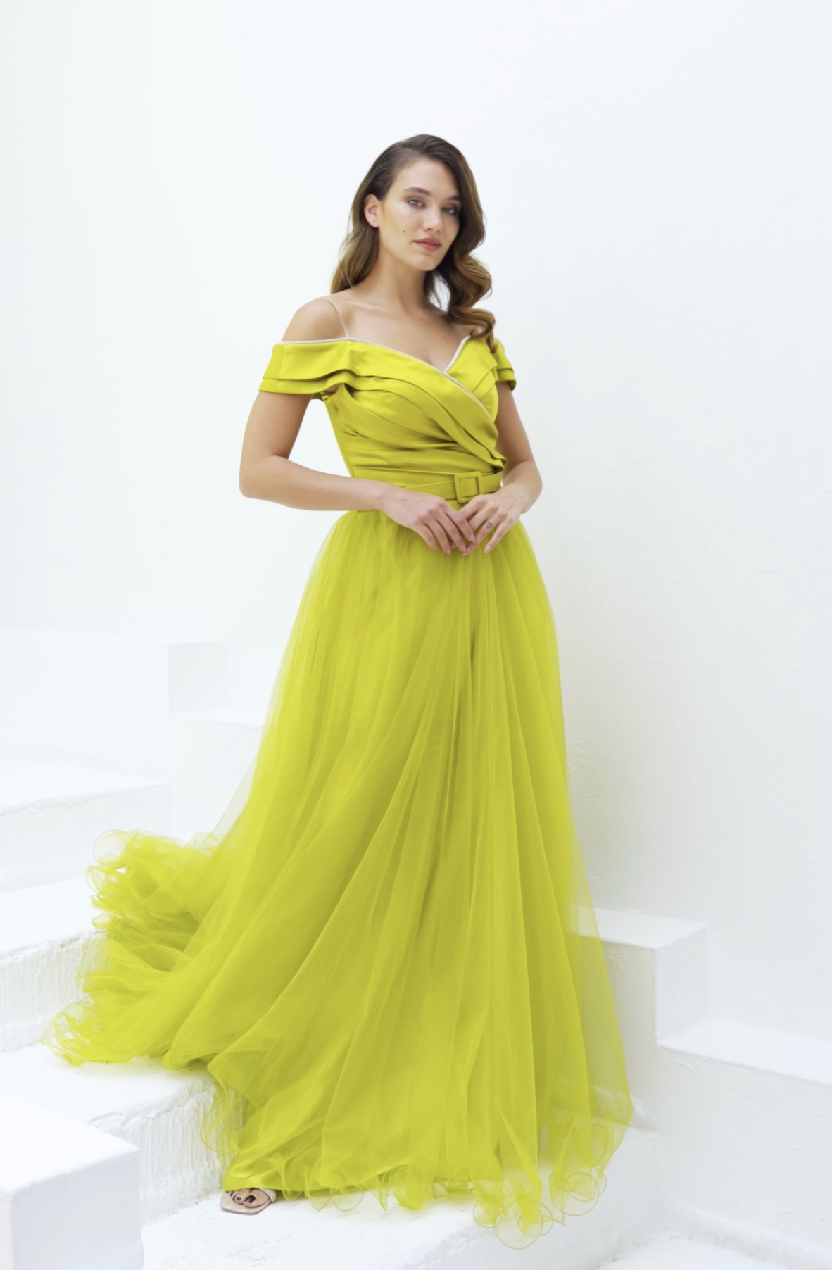 Chartreuse off-shoulder tulle gown with satin bodice and belted waist