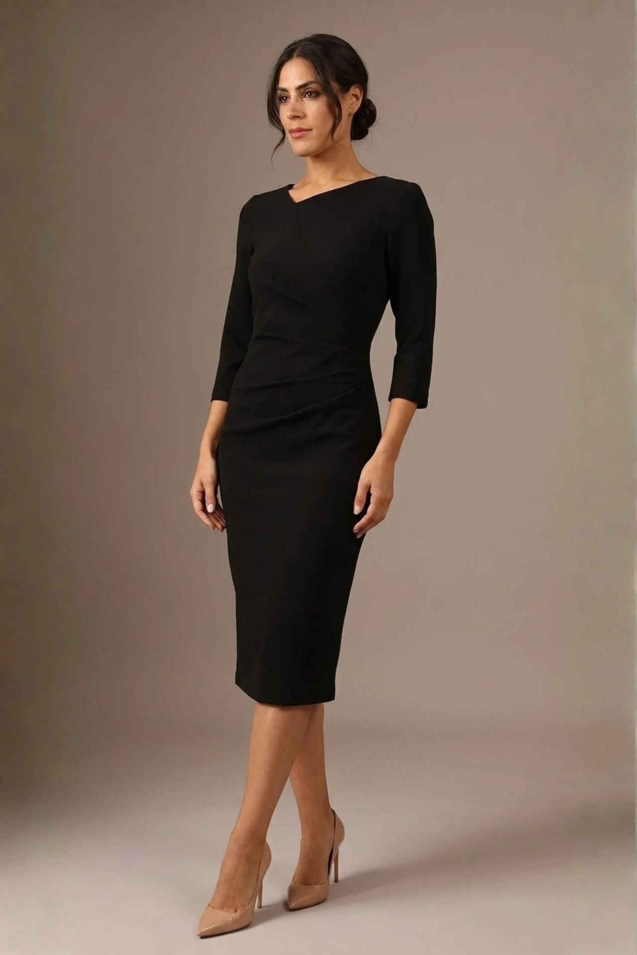 Black three-quarter sleeve graduation dress with a crossover neckline