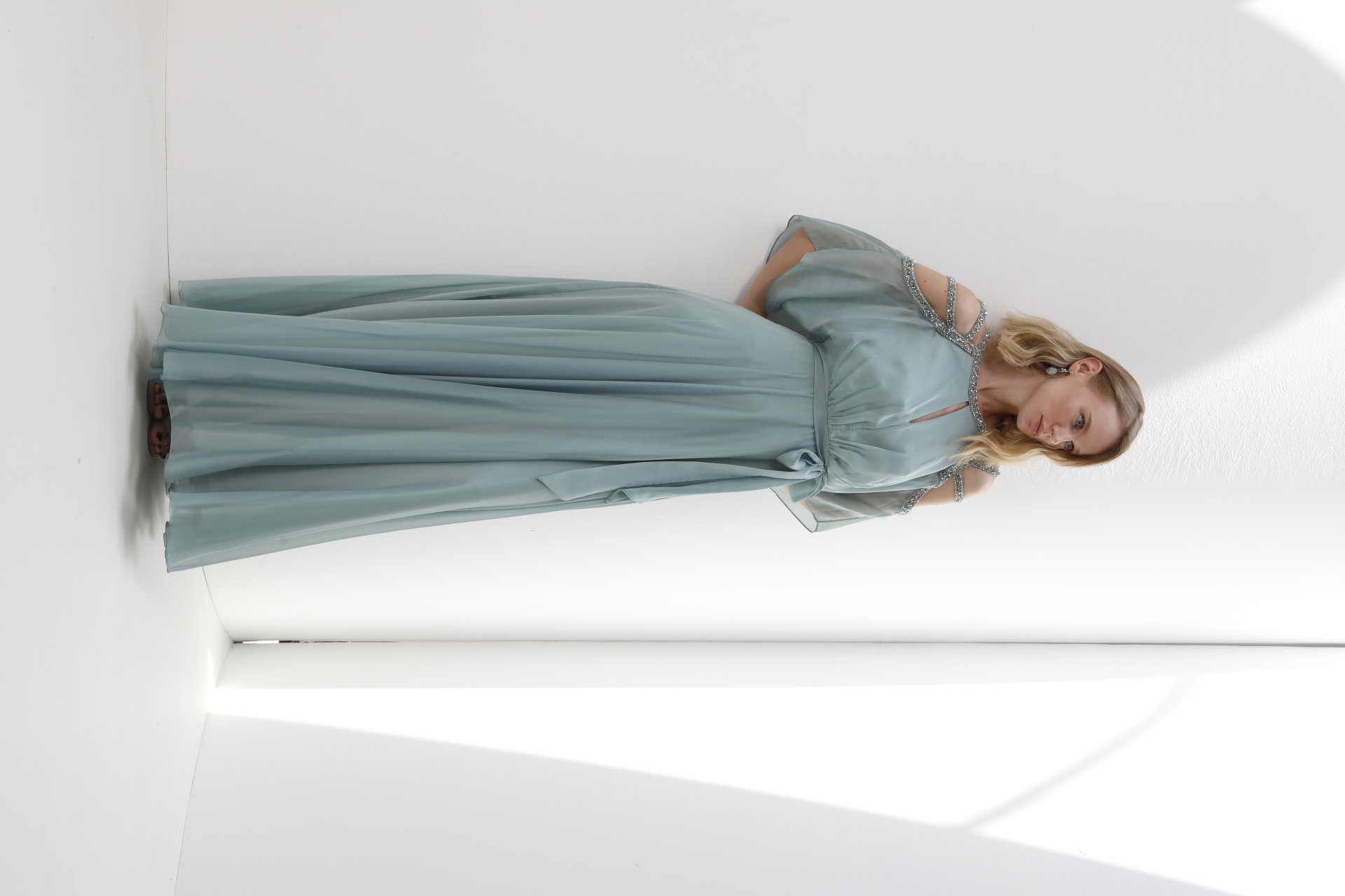 Sage chiffon cold-shoulder gown with jeweled straps and tie waist