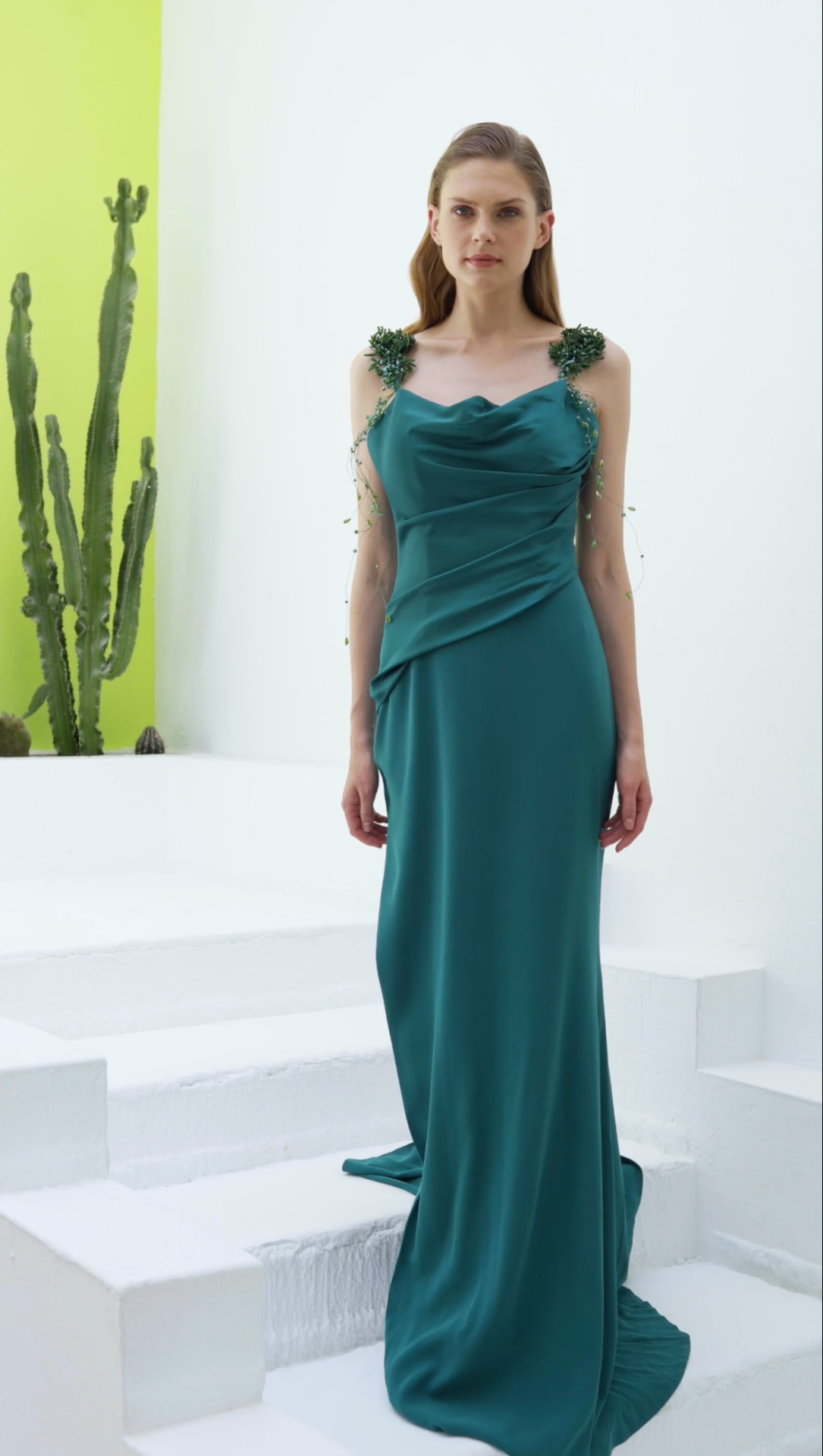 Emerald satin cowl-neck gown with beaded floral shoulder straps