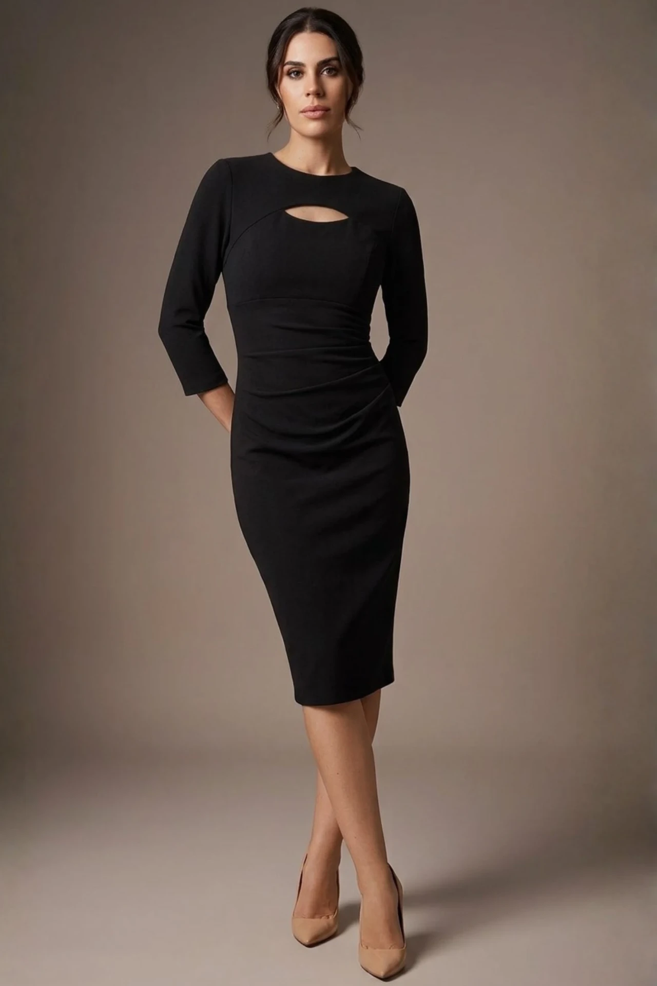 Black graduation dress with a keyhole detail at the neckline