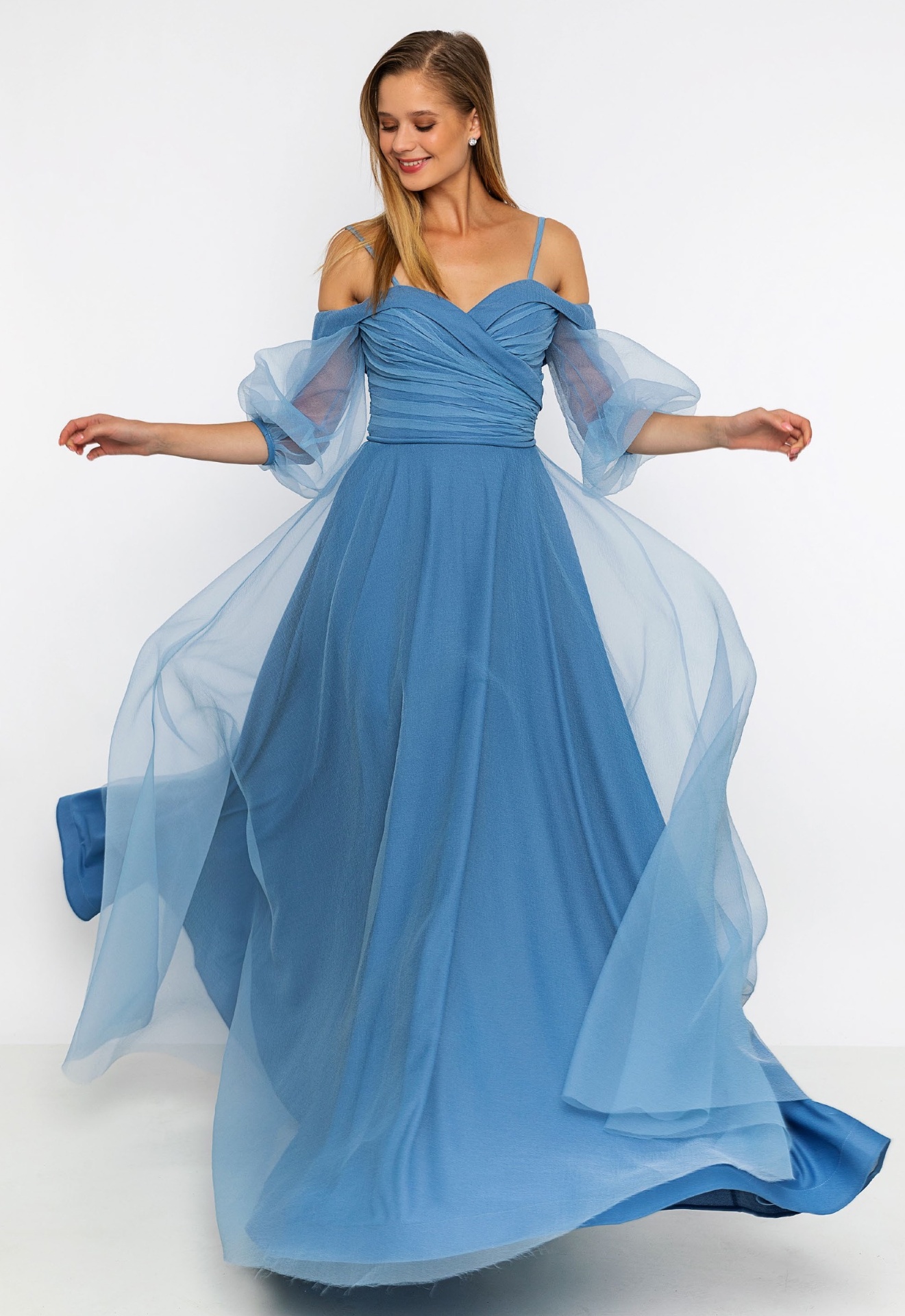 Blue ombre off-shoulder tulle gown