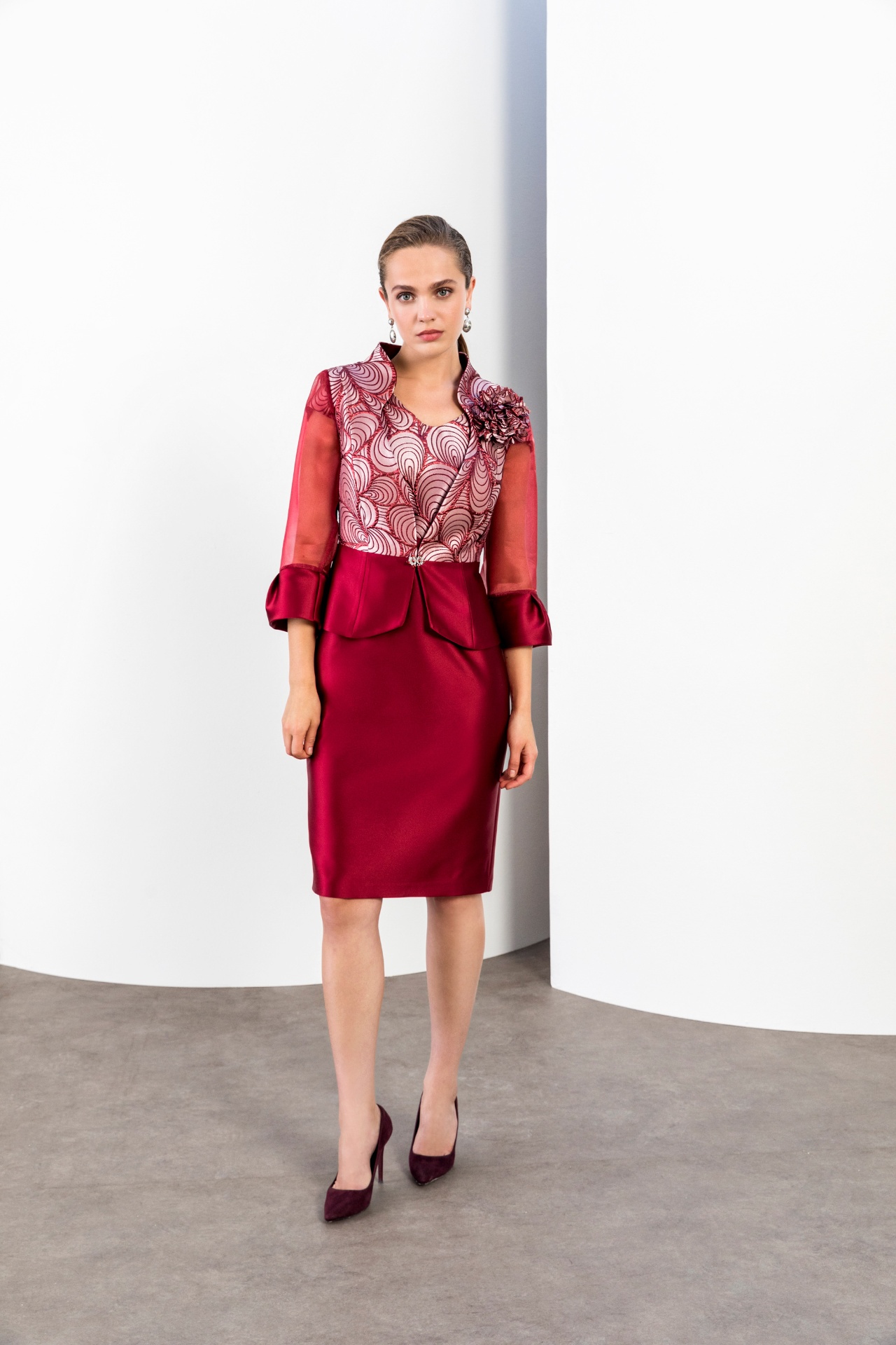 Burgundy organza jacket with art deco lace bodice and satin peplum pencil skirt